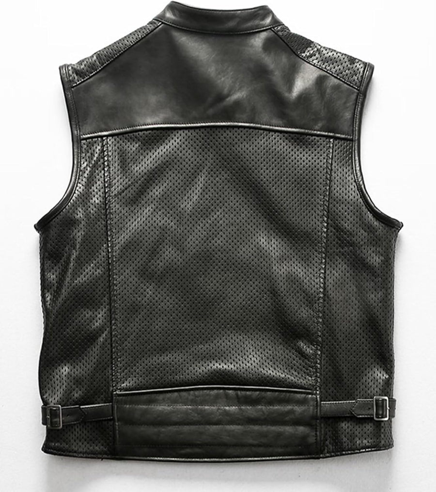 Black Collared Mesh Breathable Outdoor Leisure Motorcycle Men's Cowhide Zipped Leather Vest.