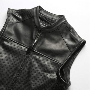 Black Collared Mesh Breathable Outdoor Leisure Motorcycle Men's Cowhide Zipped Leather Vest.