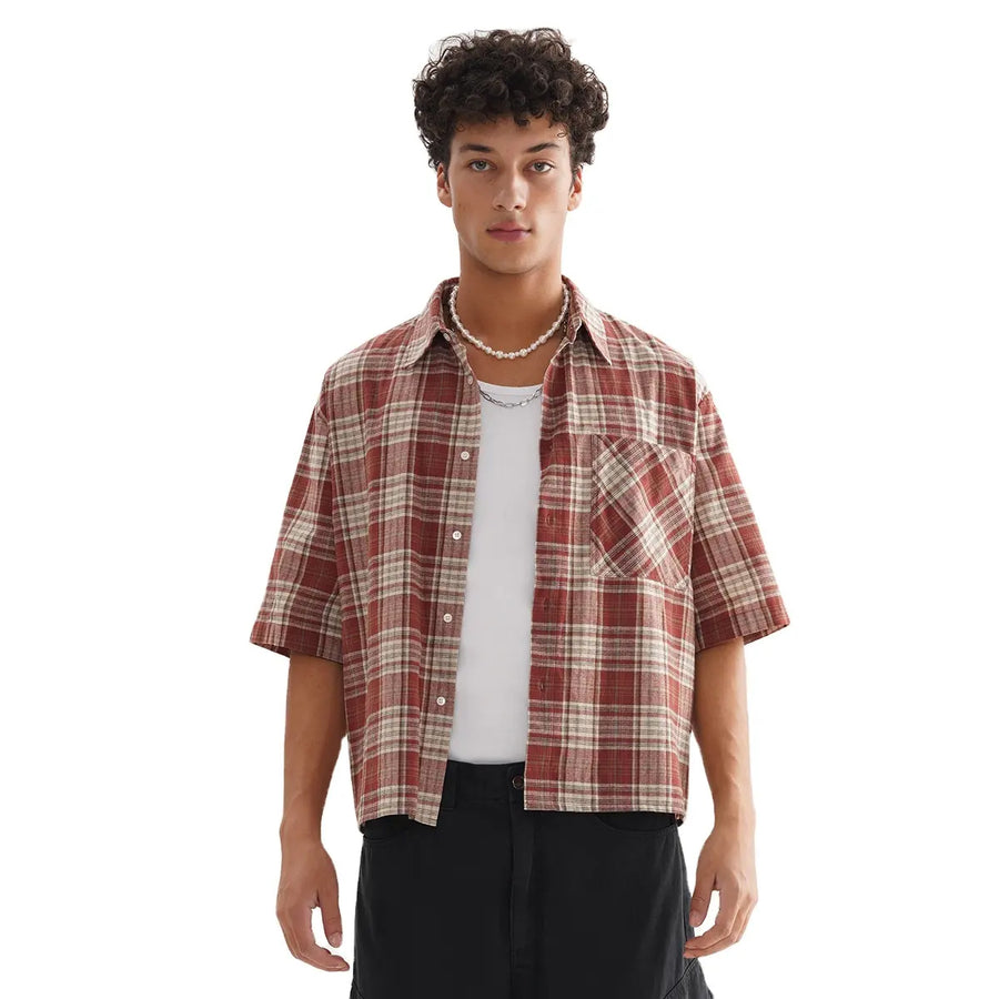 RECON GS2 Loose Plaid Short Sleeved Shirt ,American Vintage Style