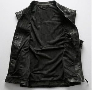 Black Collared Mesh Breathable Outdoor Leisure Motorcycle Men's Cowhide Zipped Leather Vest.