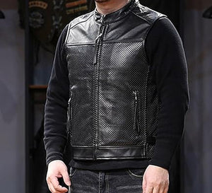 Black Collared Mesh Breathable Outdoor Leisure Motorcycle Men's Cowhide Zipped Leather Vest.