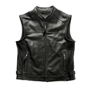 Black Collared Mesh Breathable Outdoor Leisure Motorcycle Men's Cowhide Zipped Leather Vest.